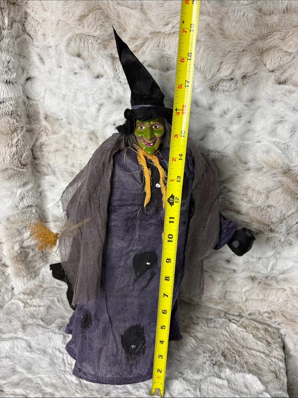 Purple Witch Halloween Decor with Green Mask and Black Hat